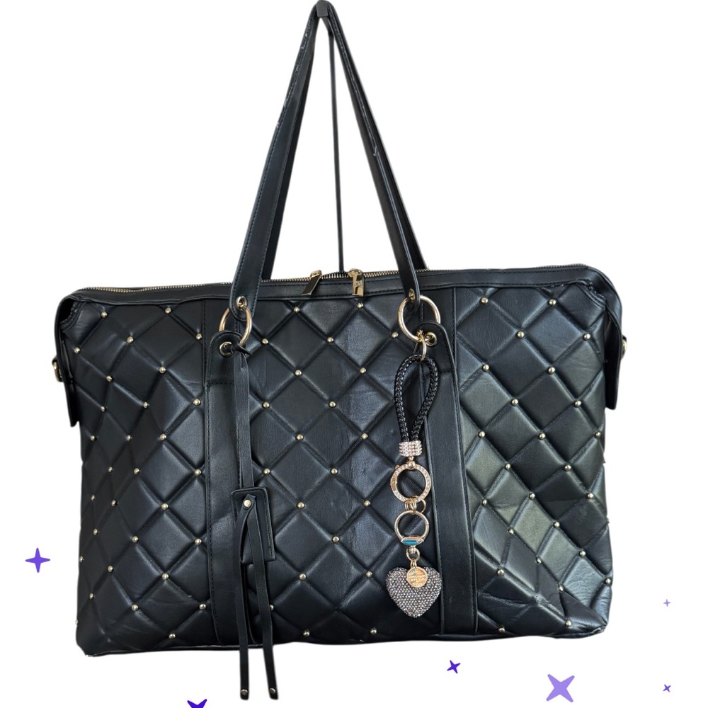 Badgley Mischka Black Quilted Tote with Gold Stud Detailing - Picture 2 of 13